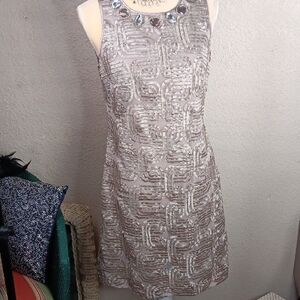 Jessica Howard Taupe Geometric Midi Size 8 Dress Matrix Mesh Jeweled Silhouette